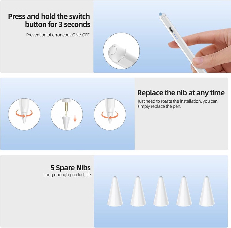 Cc Store Stylus Pen for iPad 2018-2025-15 Mins Fast Charge,Palm Rejection & Tilt Sensitive Stylus Pen for iPad A16-11/10/9/8/7/6th Gen, Air 3/4/5/M2/M3, Mini 5/6th, Pro 12.9/11/13-inch M4(White) - Image 3